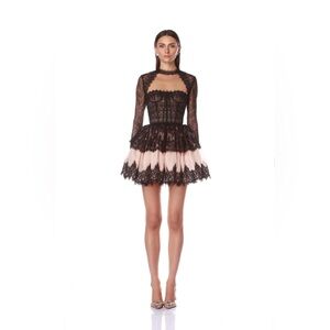Bronx & Banco Daphne Long Sleeve Black Lace Illusion Corset Mini Dress M NWOT